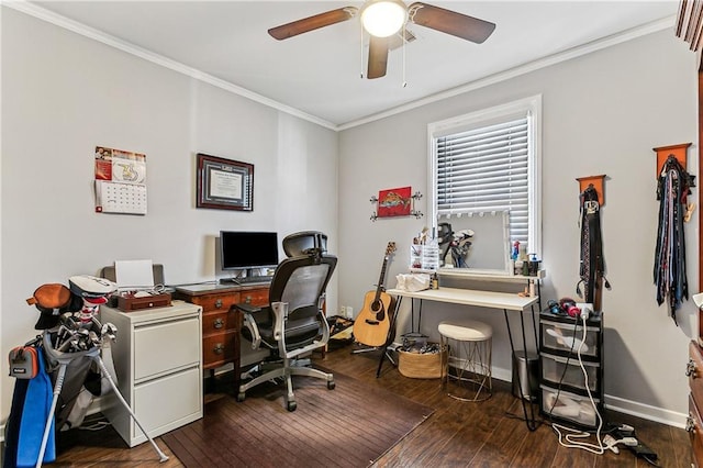 office area featuring crown molding, dark hardwood / wood-style floors, and ceiling fan