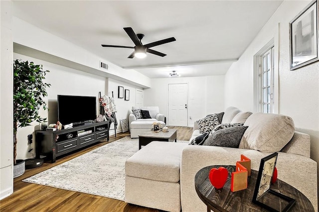 living room with ceiling fan and wood-type flooring