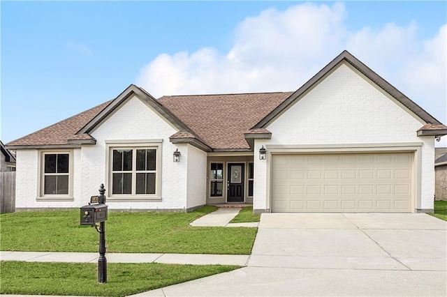 ranch-style house with a garage and a front lawn