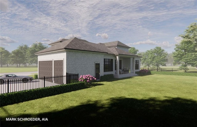 rear view of house featuring a garage and a lawn