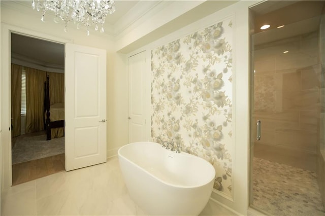 bathroom featuring independent shower and bath, crown molding, and tile patterned floors