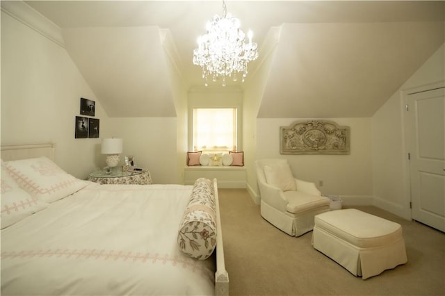 carpeted bedroom with lofted ceiling and an inviting chandelier