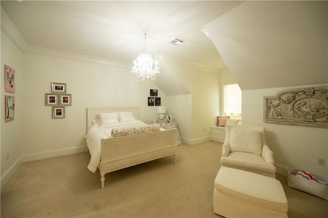 carpeted bedroom with crown molding, vaulted ceiling, and a chandelier