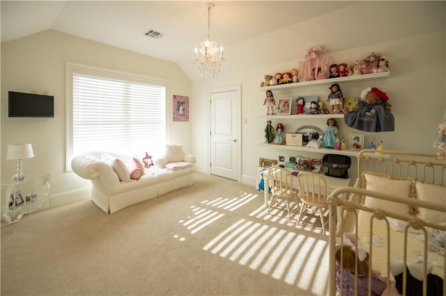 recreation room with lofted ceiling, a chandelier, and carpet flooring