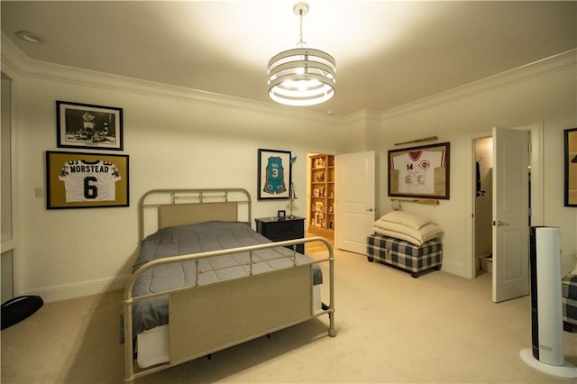 carpeted bedroom with ornamental molding