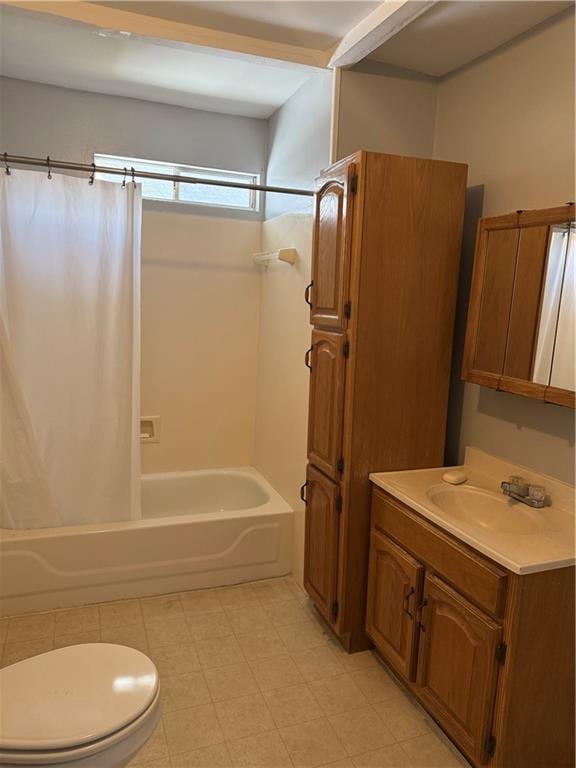 full bathroom featuring vanity, shower / bath combo, and toilet