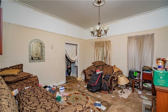 interior space with ornamental molding and a chandelier