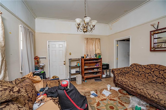 living room featuring a notable chandelier and crown molding