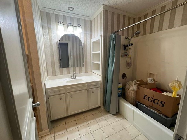 bathroom with tile patterned flooring, ornamental molding, vanity, shower / tub combo, and a textured ceiling