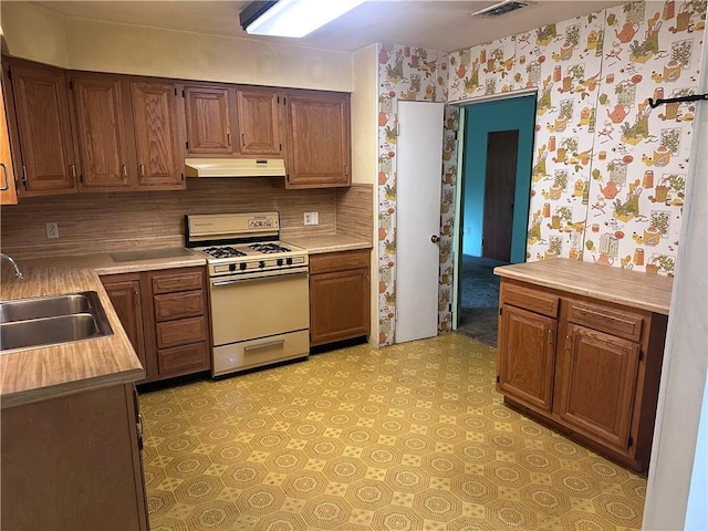 kitchen with tasteful backsplash, sink, and white range with gas stovetop