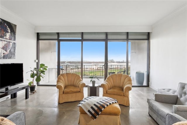 living room with expansive windows, ornamental molding, and concrete floors