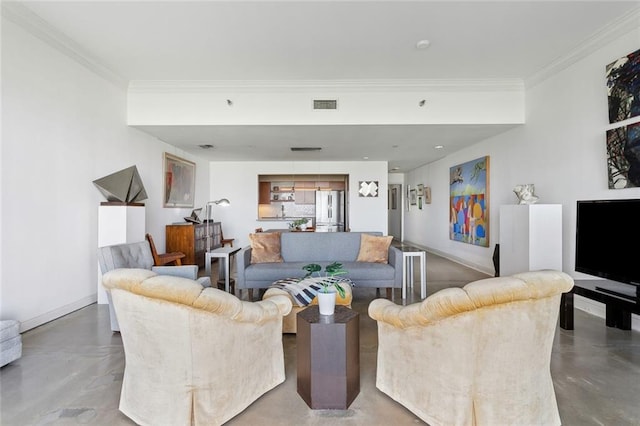 living room with concrete flooring and crown molding