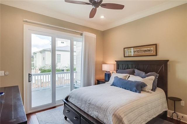 bedroom with crown molding, ceiling fan, access to exterior, and dark hardwood / wood-style flooring