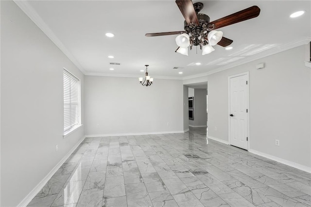 empty room featuring crown molding and ceiling fan with notable chandelier