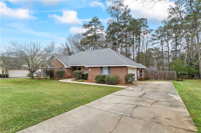 single story home featuring a garage and a front yard