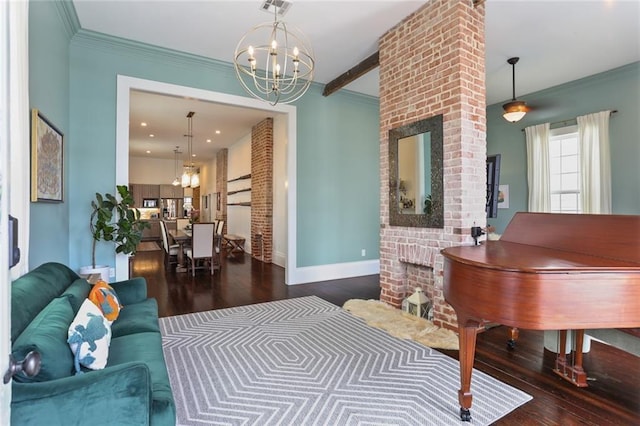 interior space featuring ornamental molding, dark hardwood / wood-style flooring, beam ceiling, and a notable chandelier