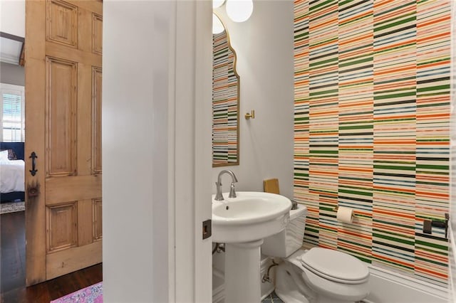 bathroom with toilet and hardwood / wood-style floors