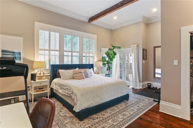 bedroom featuring crown molding, access to exterior, dark hardwood / wood-style flooring, and beam ceiling