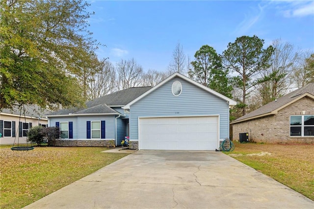 single story home featuring a garage, central AC unit, and a front lawn