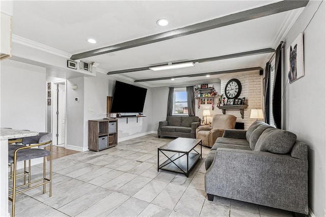 living room featuring ornamental molding, beam ceiling, and light tile patterned floors