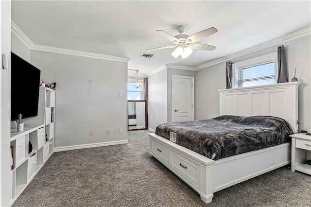 carpeted bedroom featuring ornamental molding and ceiling fan