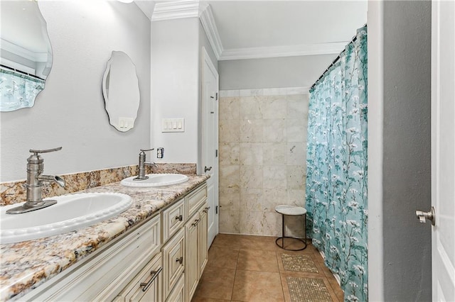 bathroom with crown molding, a shower with shower curtain, tile patterned floors, and vanity