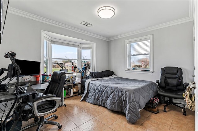 bedroom featuring multiple windows, light tile patterned floors, and crown molding