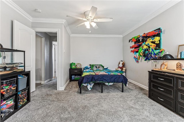 carpeted bedroom featuring crown molding and ceiling fan