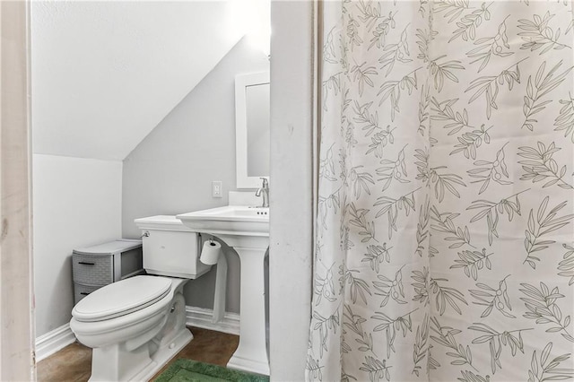 bathroom featuring lofted ceiling, toilet, and walk in shower