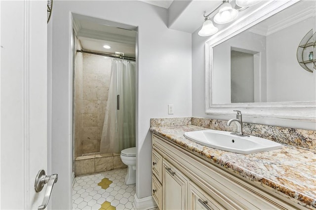 bathroom featuring vanity, toilet, curtained shower, and tile patterned flooring