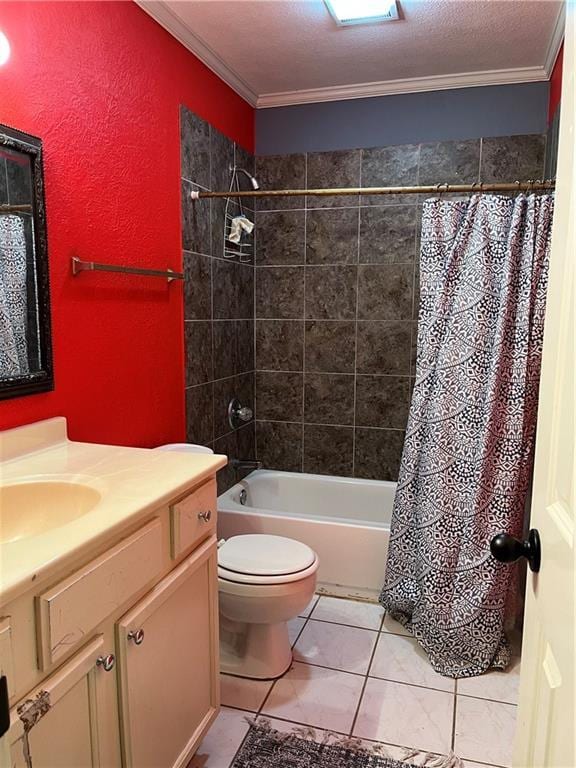 full bathroom featuring vanity, ornamental molding, a textured ceiling, and toilet