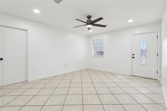 foyer with a ceiling fan, baseboards, and recessed lighting