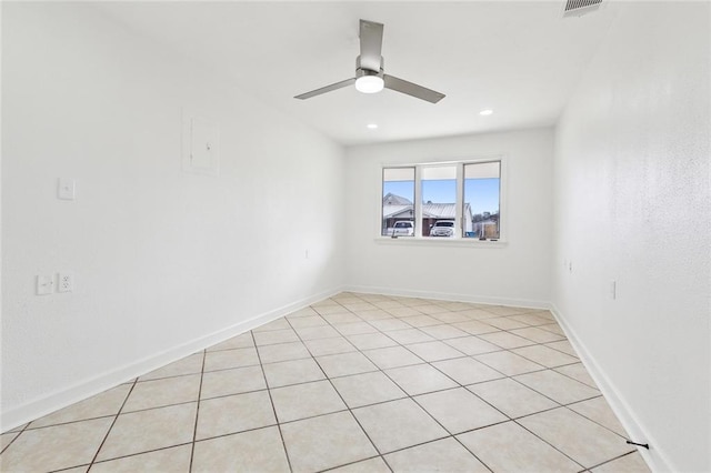 unfurnished room featuring baseboards, ceiling fan, visible vents, and recessed lighting