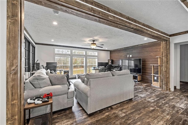 living room featuring dark wood-type flooring, crown molding, a textured ceiling, and wood walls