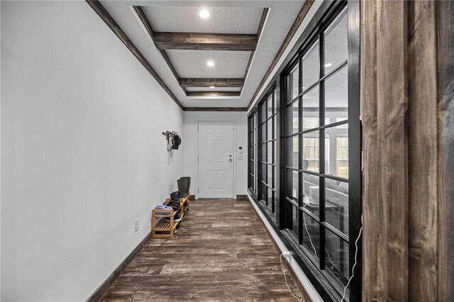 49266 Woodhaven Rd, Tickfaw, LA 70466 - hall with recessed lighting, beam ceiling, baseboards, and dark wood-style floors