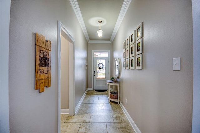 doorway featuring crown molding and light tile patterned flooring