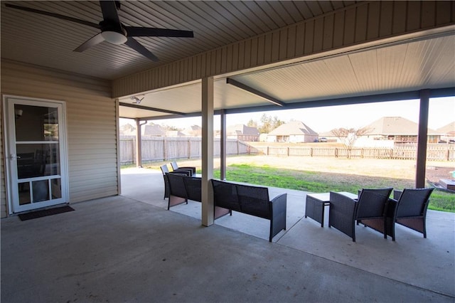 view of patio with an outdoor hangout area and ceiling fan