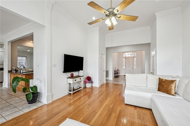 living room featuring a wealth of natural light, ornamental molding, and light hardwood / wood-style floors