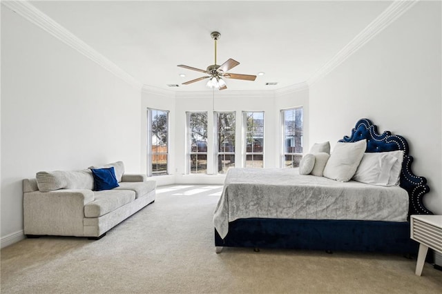 bedroom featuring light carpet, ornamental molding, and ceiling fan