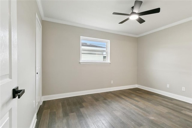 unfurnished room with ornamental molding, dark hardwood / wood-style floors, and ceiling fan