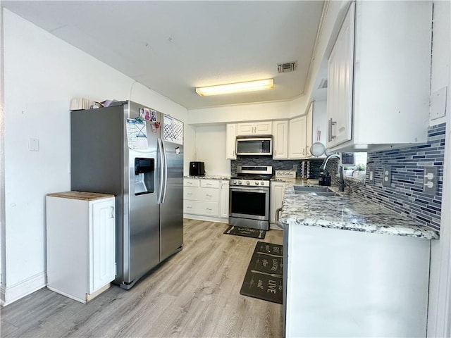 kitchen with sink, white cabinetry, stainless steel appliances, light hardwood / wood-style floors, and decorative backsplash