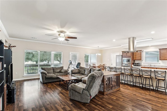 living room with a healthy amount of sunlight, dark hardwood / wood-style flooring, and sink