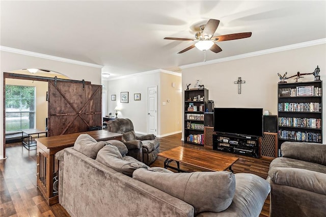 185 Maverick Run, Pearl River, LA 70452 - living room with dark wood finished floors, a barn door, crown molding, baseboards, and ceiling fan