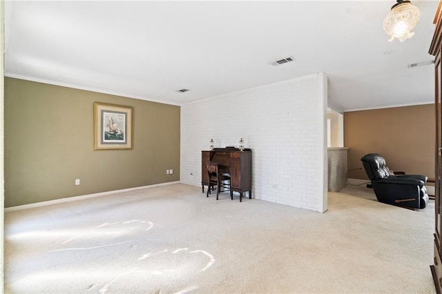 carpeted living room featuring crown molding