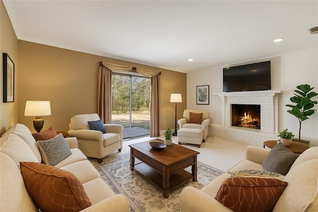 122 Belle Terre Blvd, Covington, LA 70433 - living area featuring a brick fireplace, crown molding, and recessed lighting