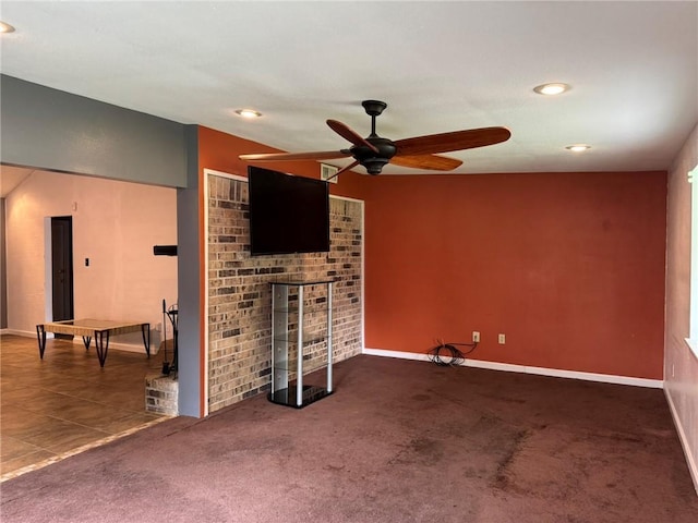 205 Hollow Rock Ct, Slidell, LA 70461 - unfurnished living room featuring ceiling fan, a multi sided fireplace, baseboards, recessed lighting, and carpet floors