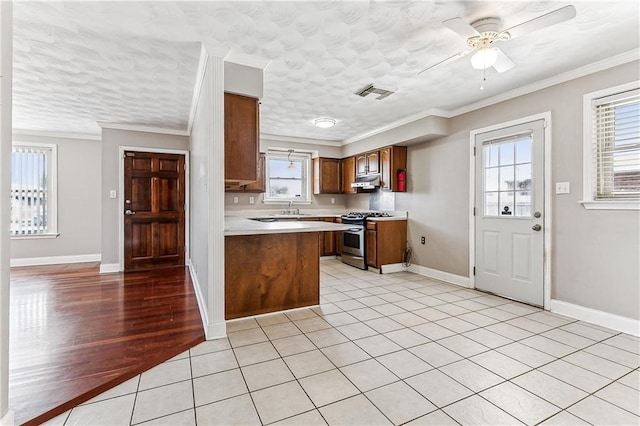 kitchen featuring stainless steel gas range oven, sink, crown molding, and kitchen peninsula