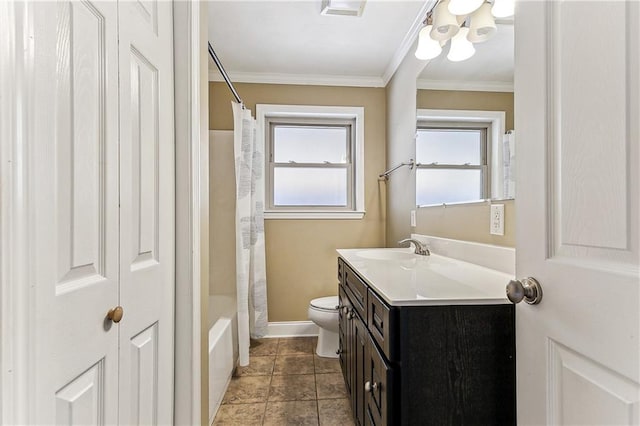 full bathroom with tile patterned flooring, ornamental molding, vanity, shower / tub combo, and toilet