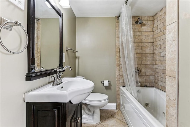 full bathroom featuring vanity, shower / tub combo with curtain, tile patterned floors, and toilet