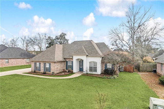 french country style house with central AC and a front yard